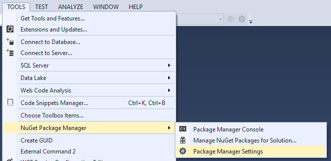 Package Manager Setting menu in Visual Studio