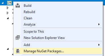 Manage NuGet Packages menu in Visual Studio