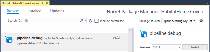 Finding the pipeline.debug NuGet package in the NuGet Package Manager